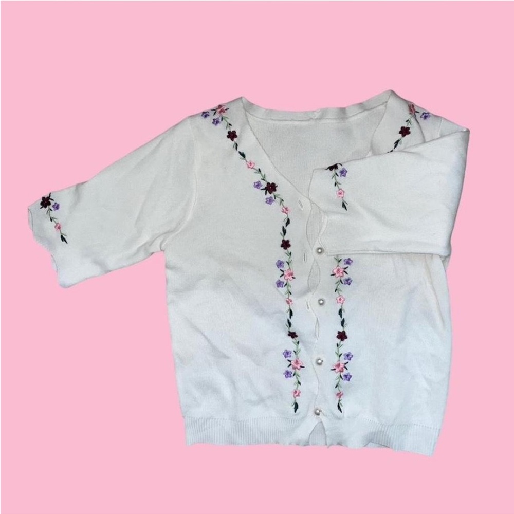Floral Embroidered Kids Cardigan - White